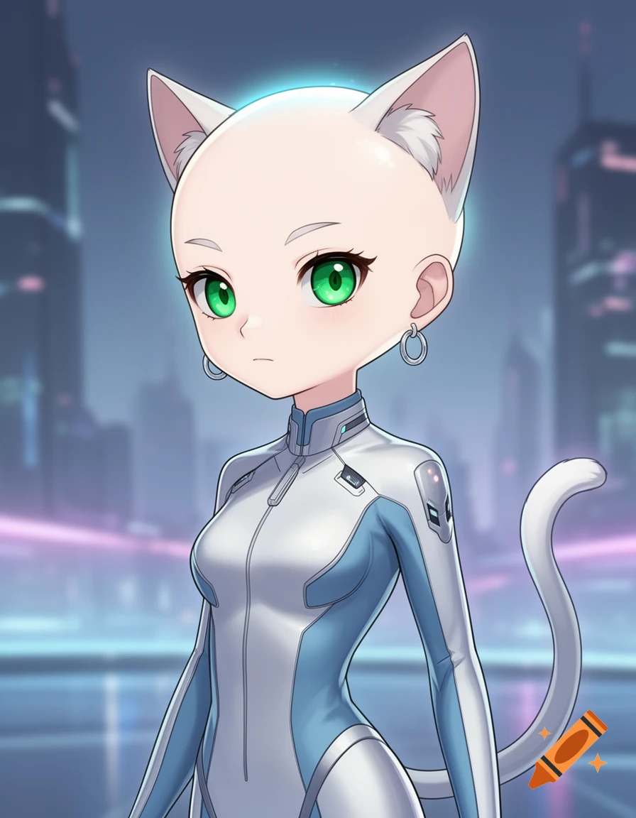 Anime catgirl with green eyes and a bald head, wearing a futuristic silver and blue suit against a city background.