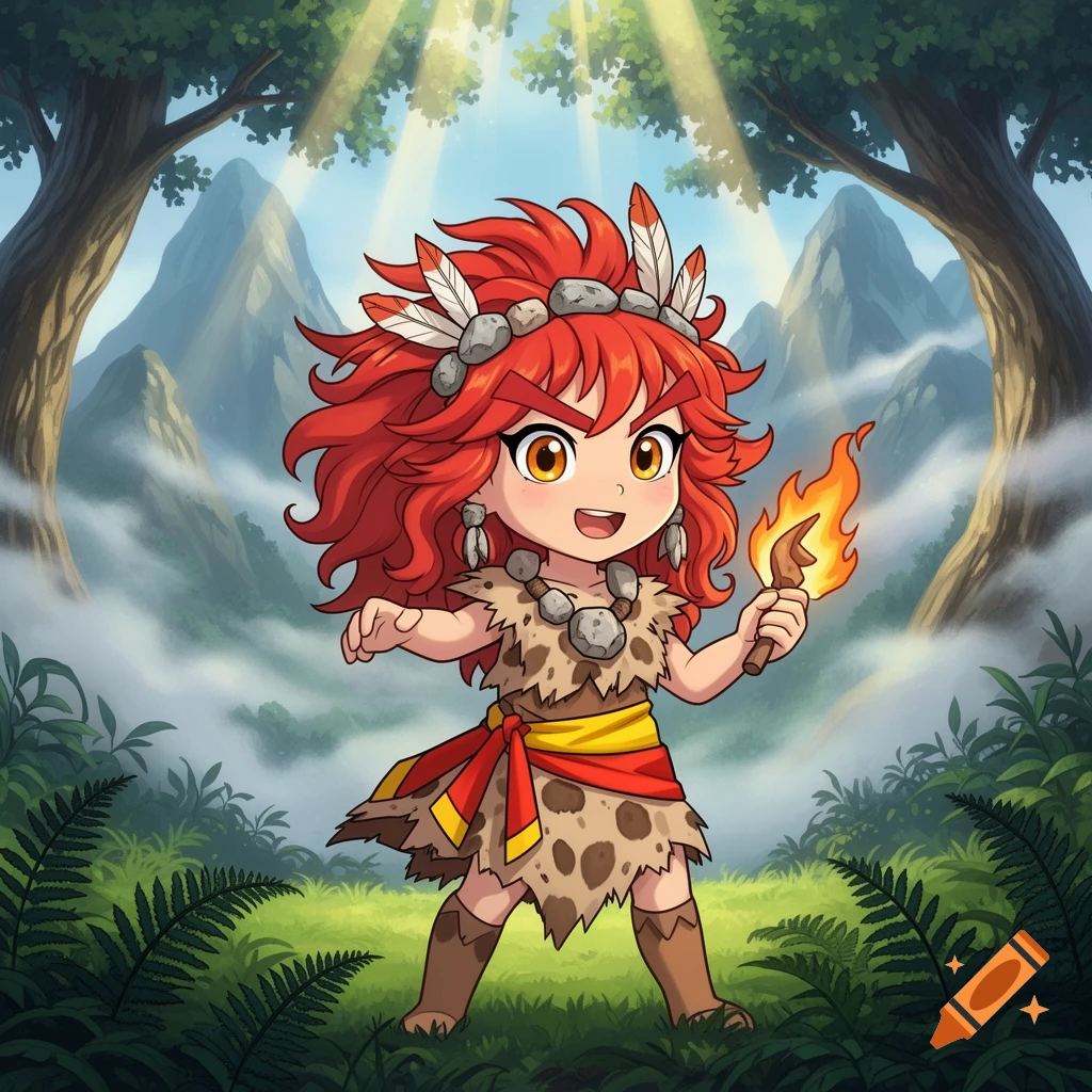 Chibi anime cave girl with red hair and a feathered headband holds a lit torch in a prehistoric jungle with mountains.