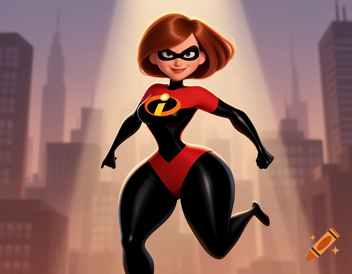Elastigirl from The Incredibles poses in her red and black superhero suit against a city skyline.