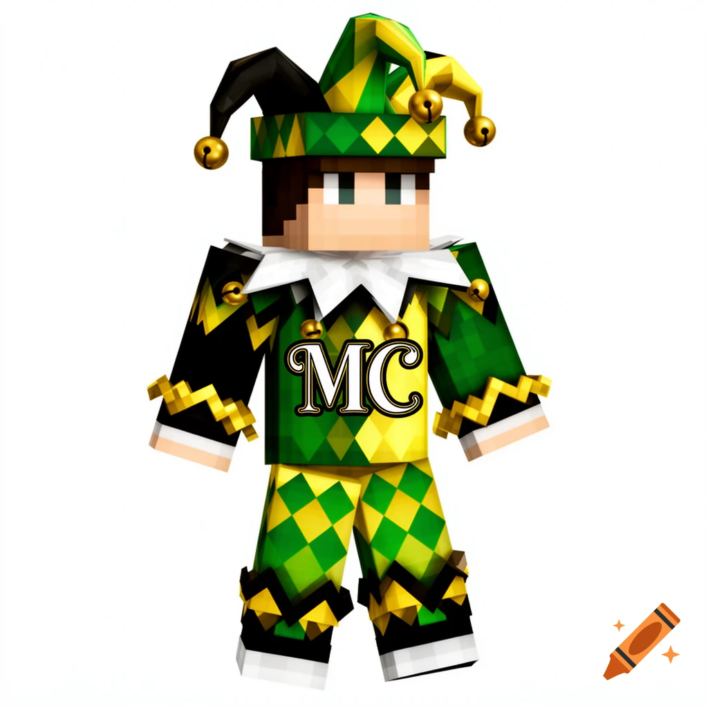 A Minecraft jester skin in green, yellow, and black, with 'MC' on its chest, set against a white background.
