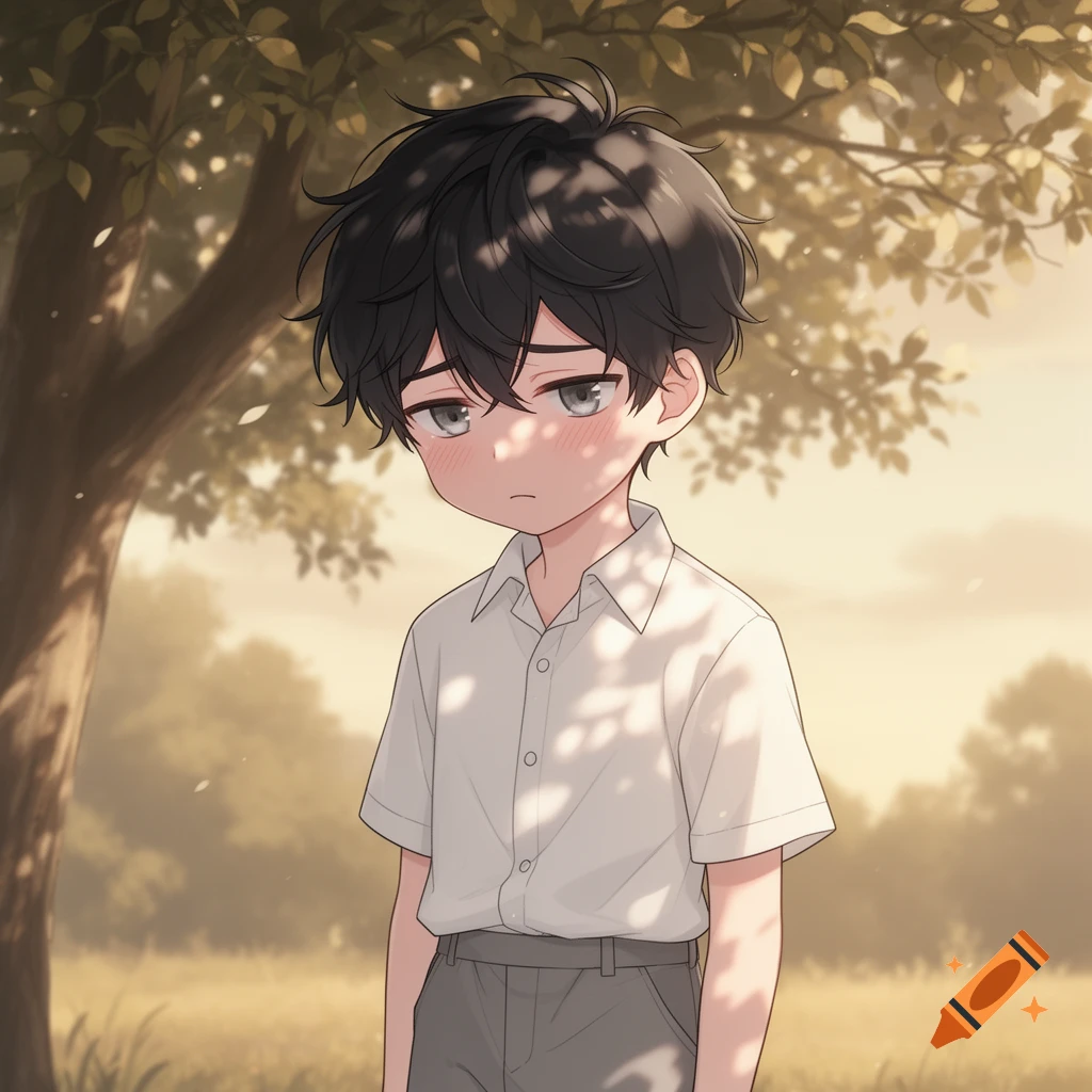 A shy anime boy with dark hair, white shirt, and grey shorts stands under a tree with dappled sunlight on him, looking down with blushing cheeks.