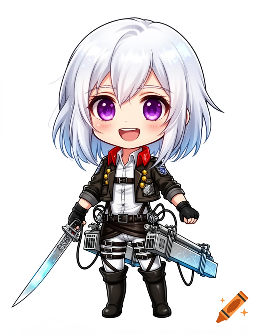 Chibi anime character with short white hair and purple eyes, wearing an Attack on Titan uniform and holding a glowing sword.