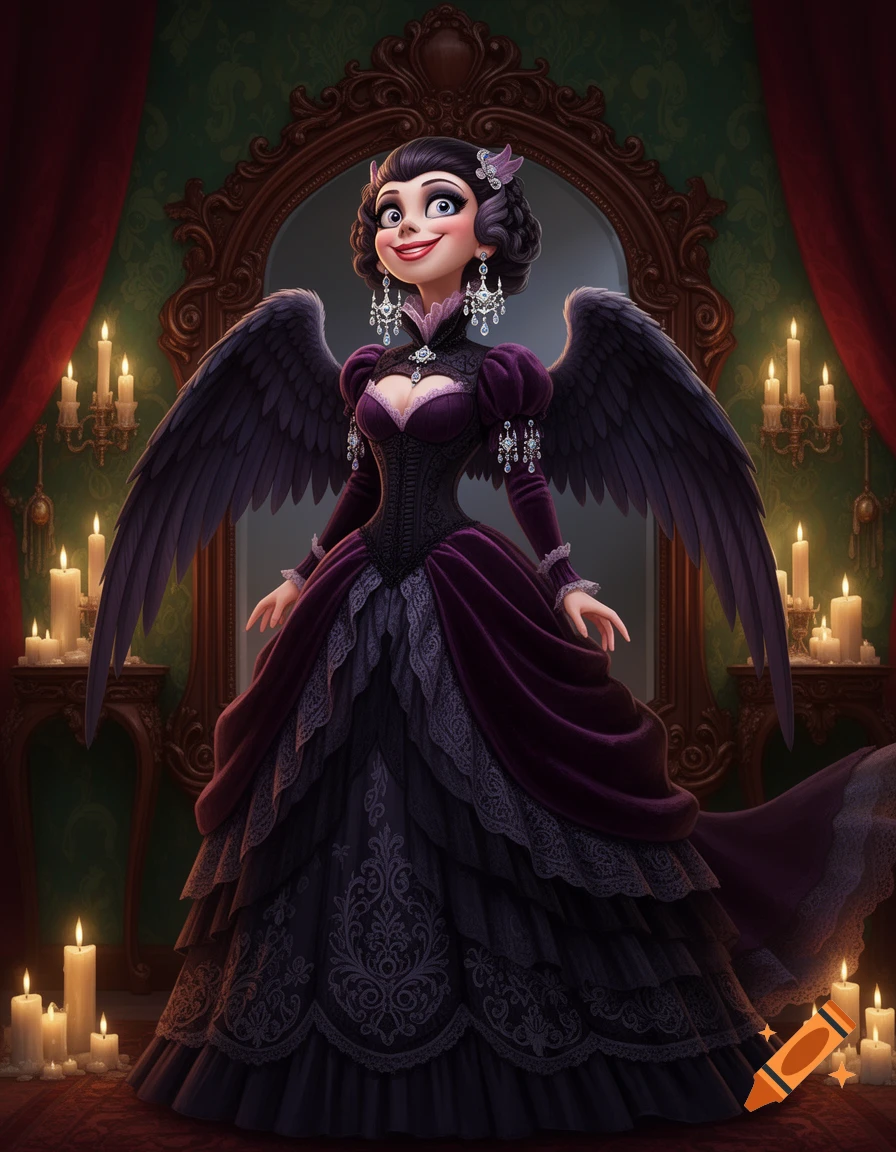 A cartoon harpy lady with dark wings wears a fancy purple and black gothic Victorian dress, adorned with jewels, in a candlelit room.