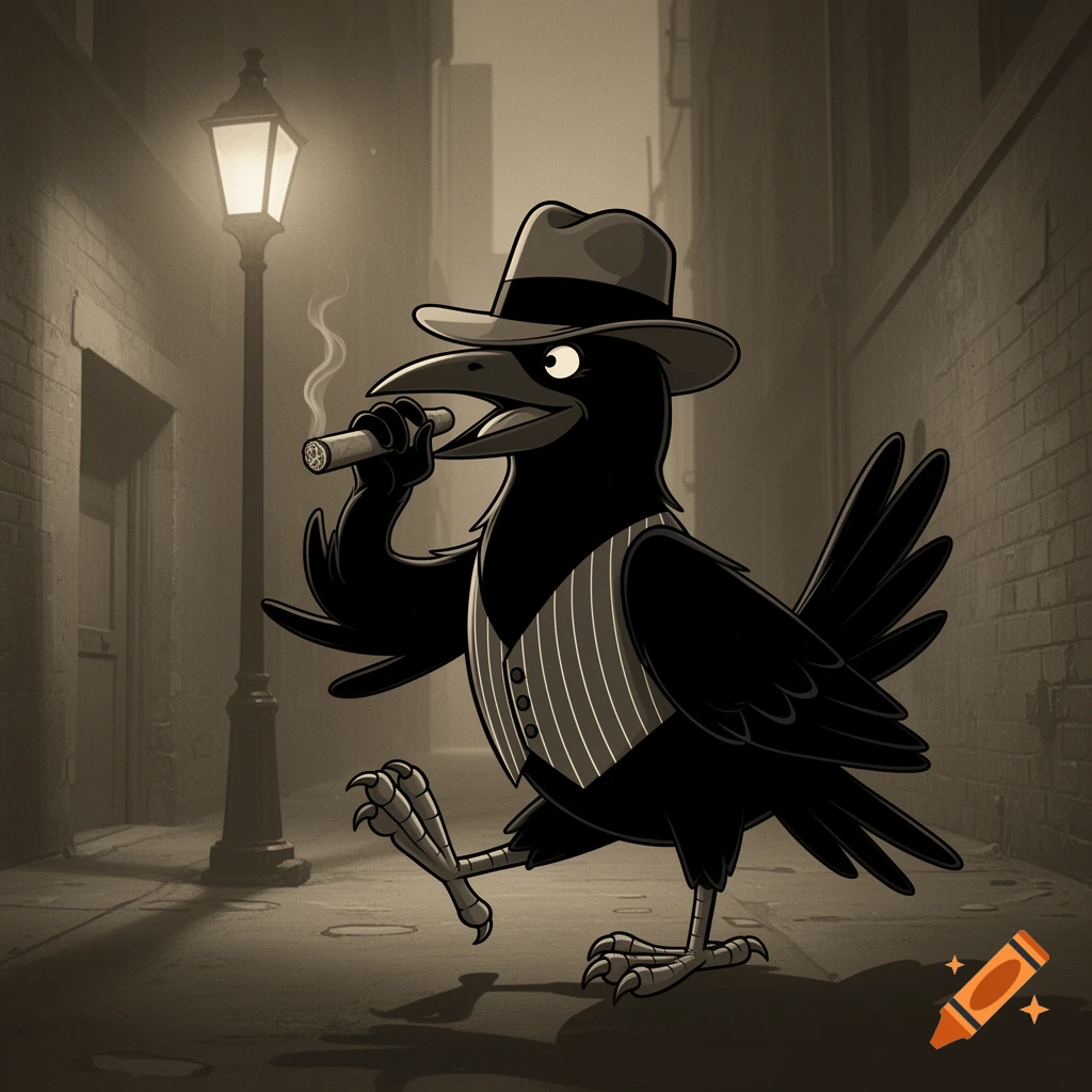 A rubber hose style cartoon gangster raven wearing a hat and vest, smoking a cigar and walking in a sepia-toned alley.
