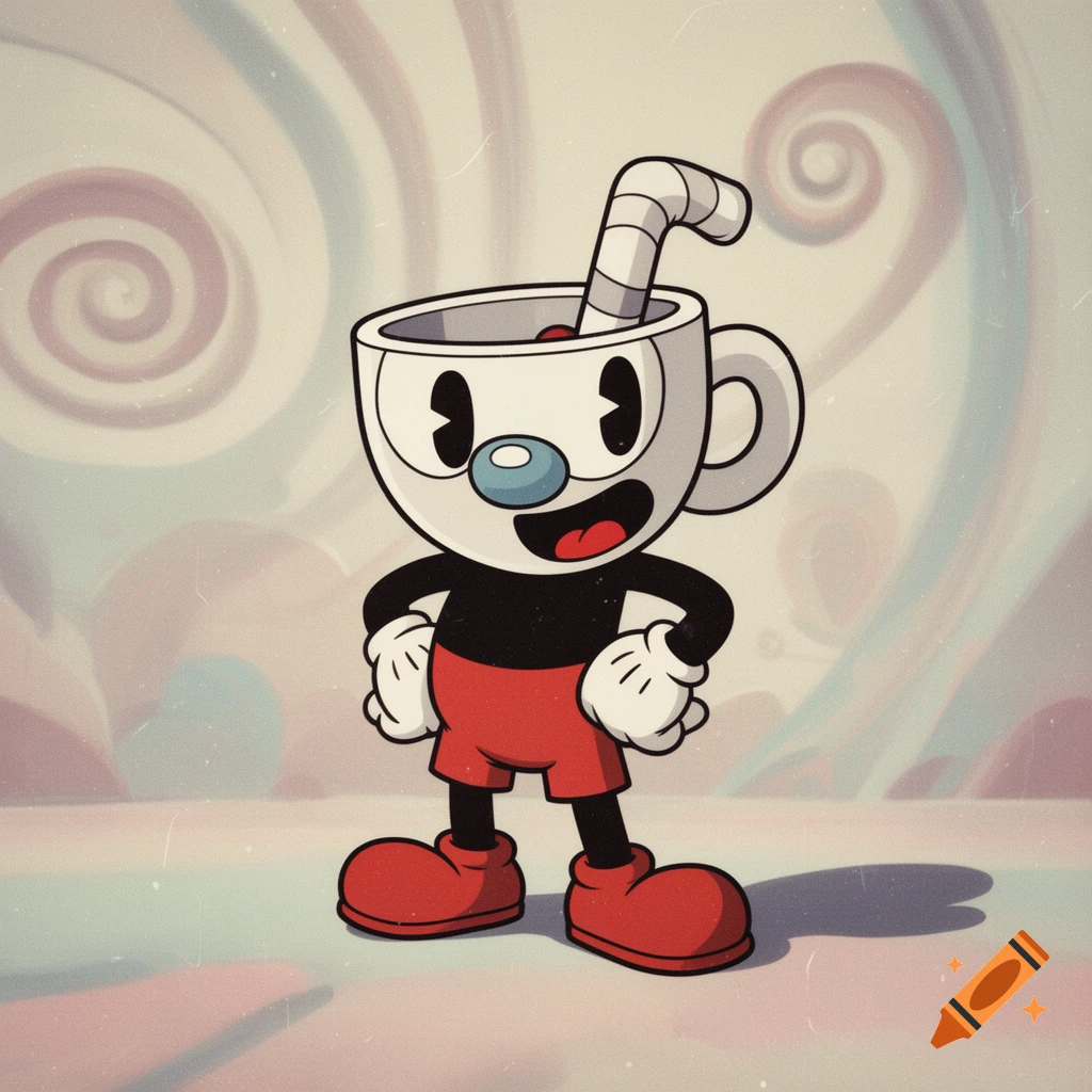 The Cuphead character, a white cup with a red and white striped straw, black body, red shorts, and red boots, stands against a pastel swirling background in a cartoon style.