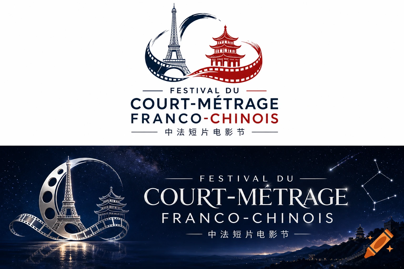 Two logos for the Franco-Chinese Short Film Festival. The first features an Eiffel Tower, pagoda, and film strip on white. The second shows metallic versions of the same elements against a starry night.