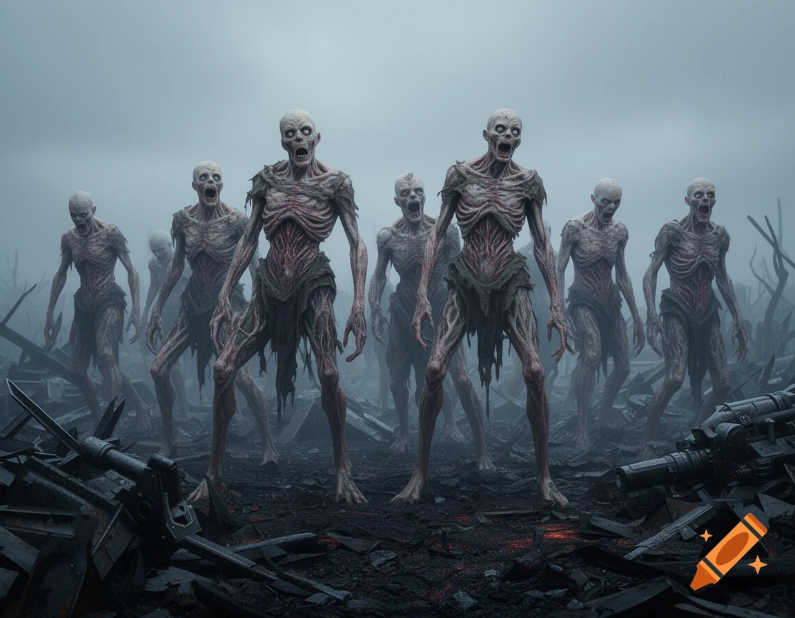 A group of pale, emaciated, zombie-like creatures with gaping mouths stand in a foggy, desolate wasteland.