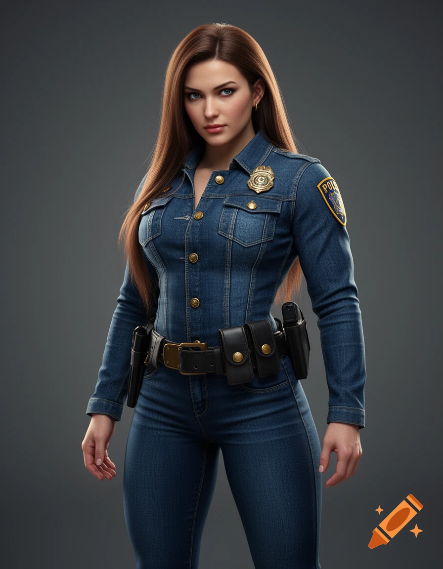 A photorealistic woman in a tight denim police uniform with long brown hair, standing against a gray background.