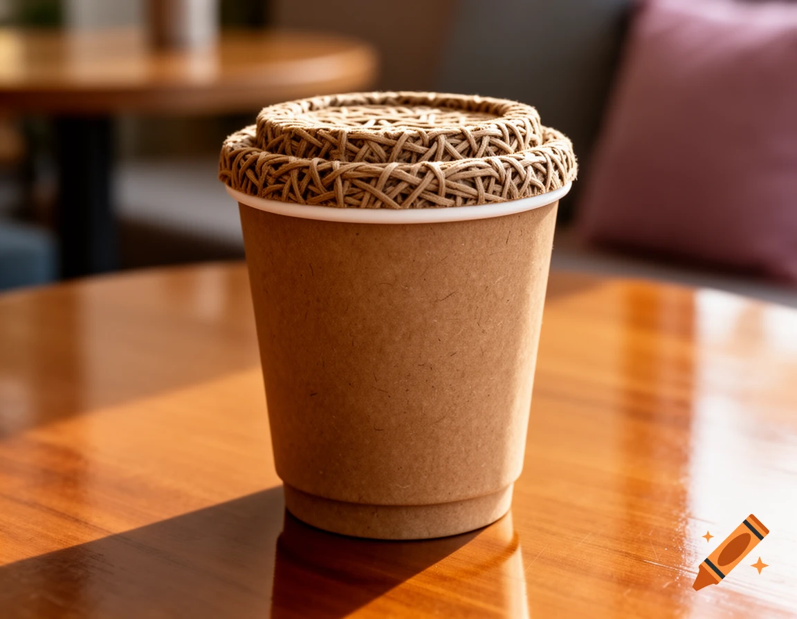 A close-up of a plain brown paper cup with a woven, natural fiber lid, sitting on a glossy wooden table in sunlight.