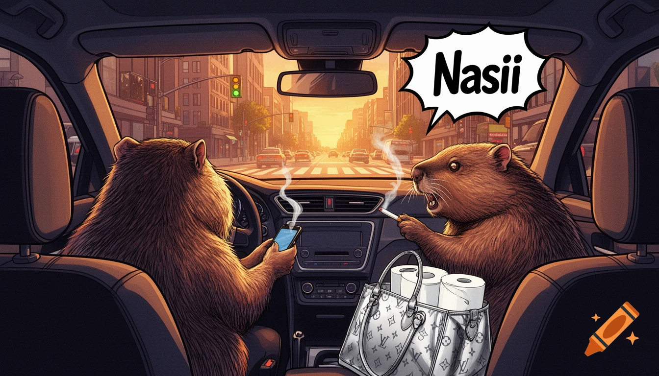 Graphic novel illustration of two beavers in a car. The passenger holds a smoking cigarette and a phone, shouting 'Nasii'.