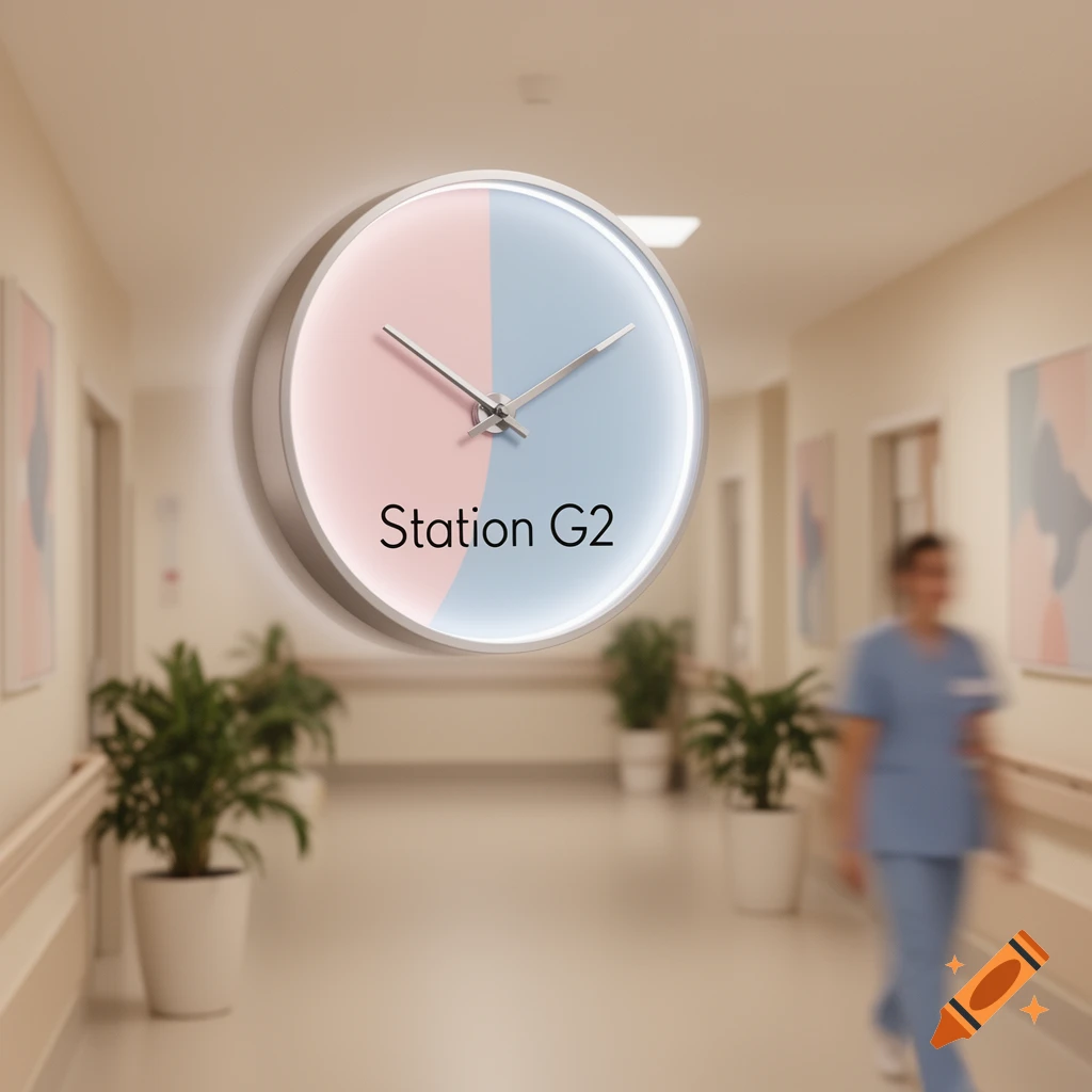 A round clock with pink and blue halves displaying 'Station G2' floats in a blurred hospital hallway with a walking medical worker.