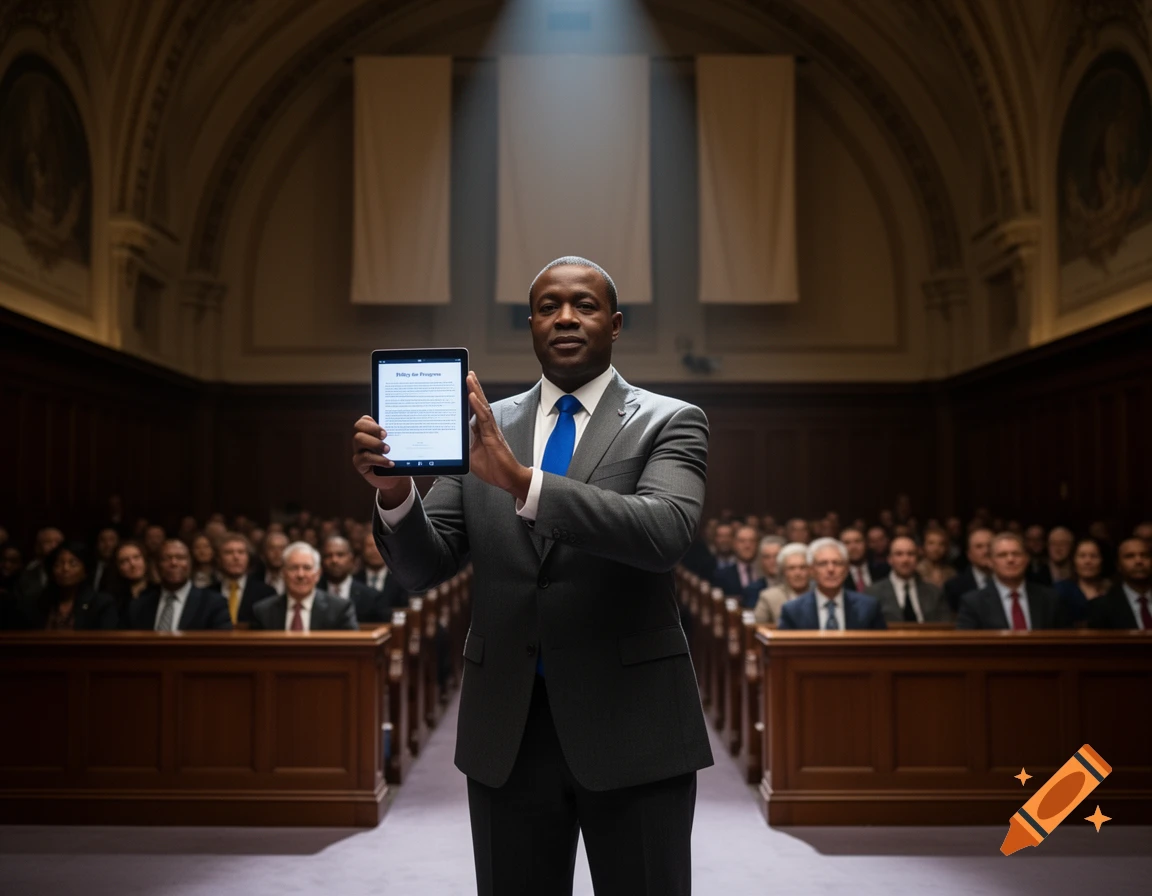 A man in a suit holds a tablet showing "Policy for Progress" in a formal assembly hall.