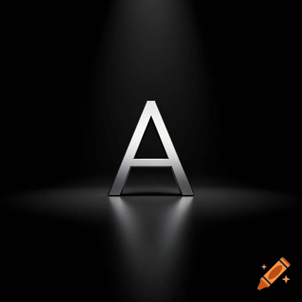 A shiny silver capital letter 'A' stands on a reflective surface against a black background with a spotlight.
