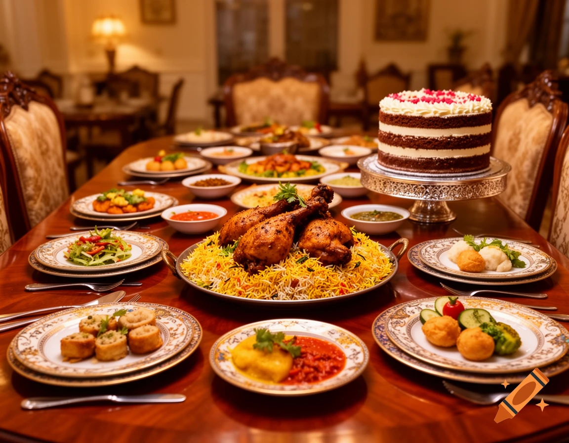 Photorealistic image of a lavish dining table set with numerous dishes, a central platter of biryani chicken, and a tiered cake.