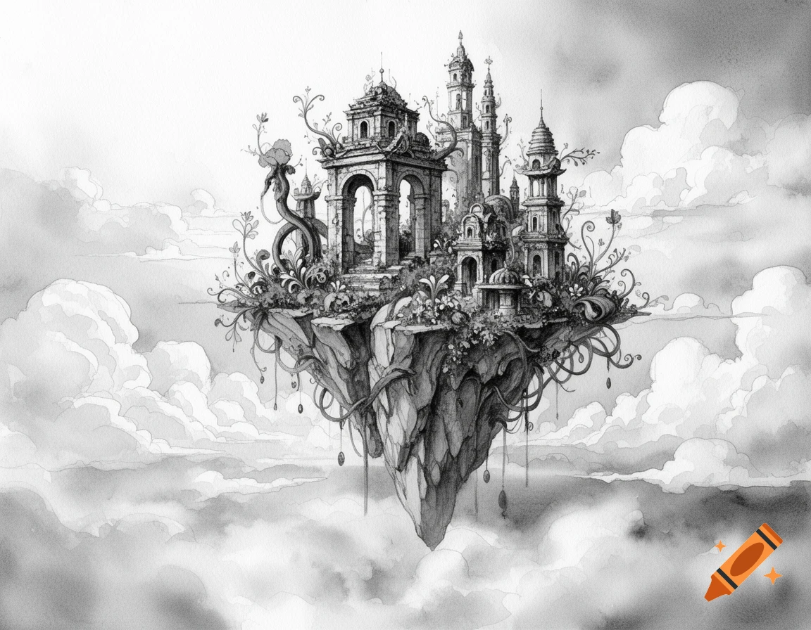A detailed black and white watercolor drawing of an ornate, fantastical floating island with buildings and vegetation, surrounded by clouds.