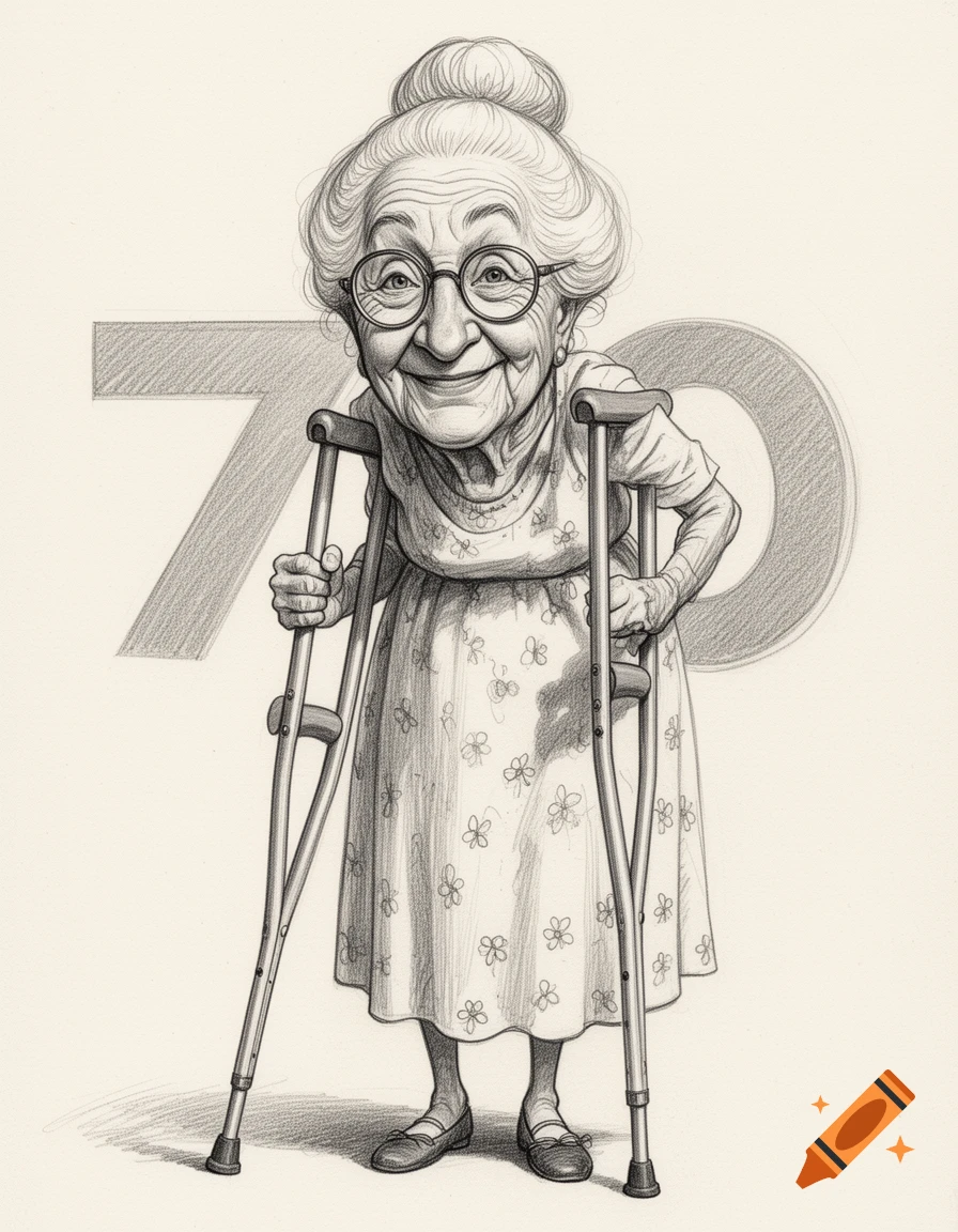 Pencil drawing caricature of a smiling elderly woman with glasses and a bun, holding crutches, with '70' in the background.