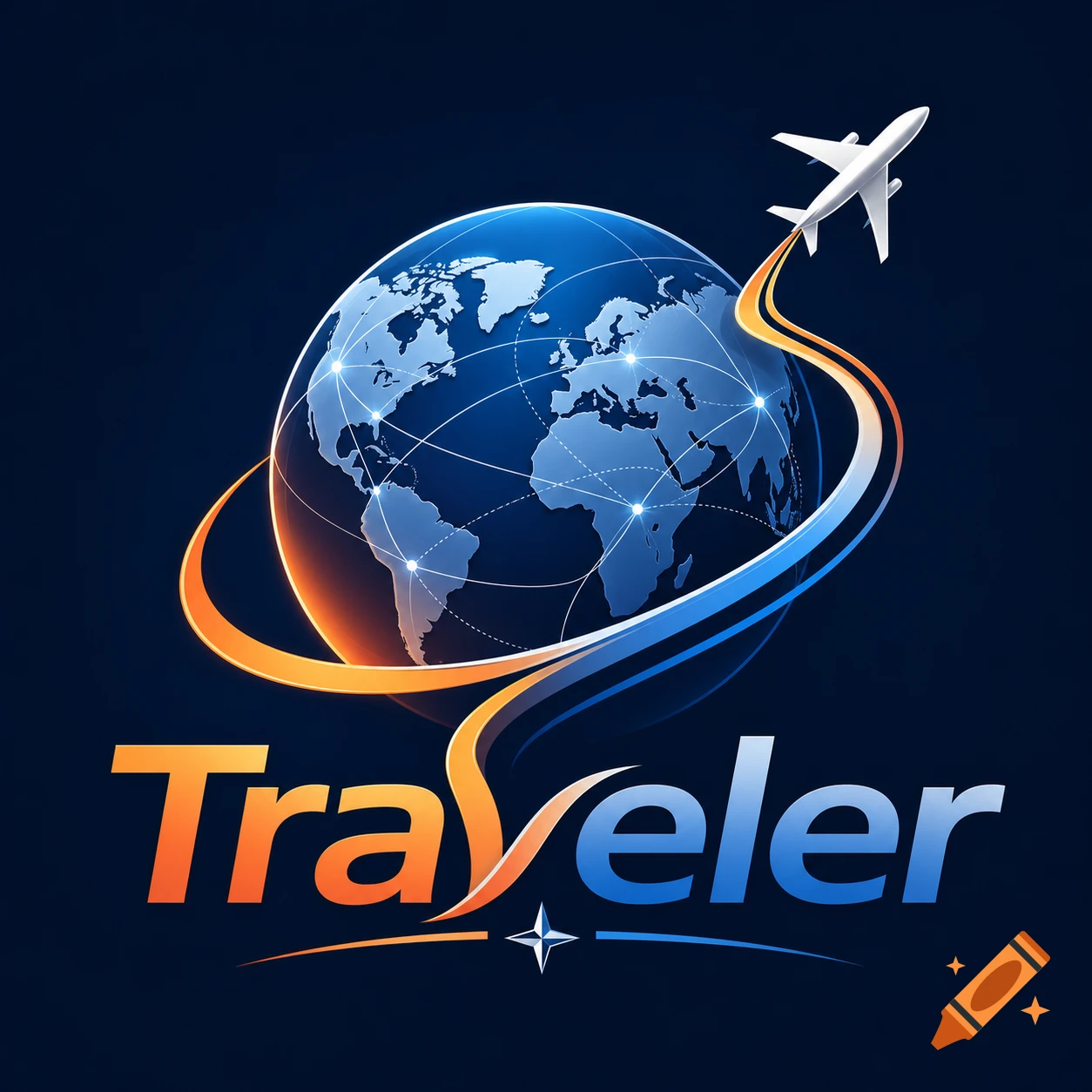 A stylized logo featuring a blue globe with a white airplane flying around it, and the word 'Traveler' in orange and blue text.