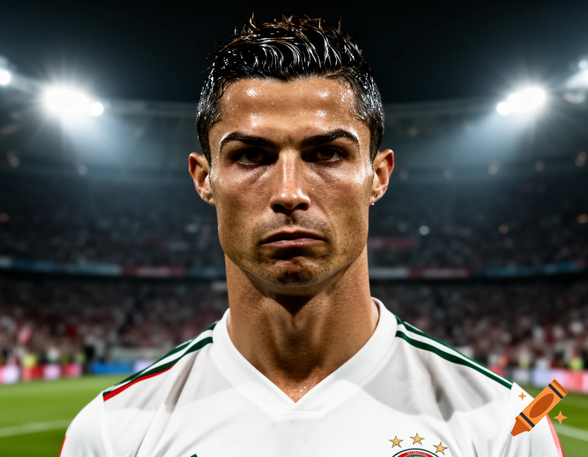 Close-up portrait of soccer player Cristiano Ronaldo with wet hair in a white, green, and red jersey in a brightly lit stadium.