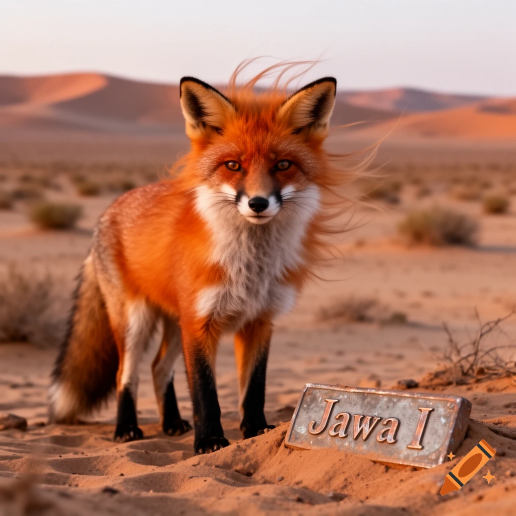 A photorealistic red fox with white and black markings stands in a desert at sunset, a sign with 'Jawa I' is in the foreground.