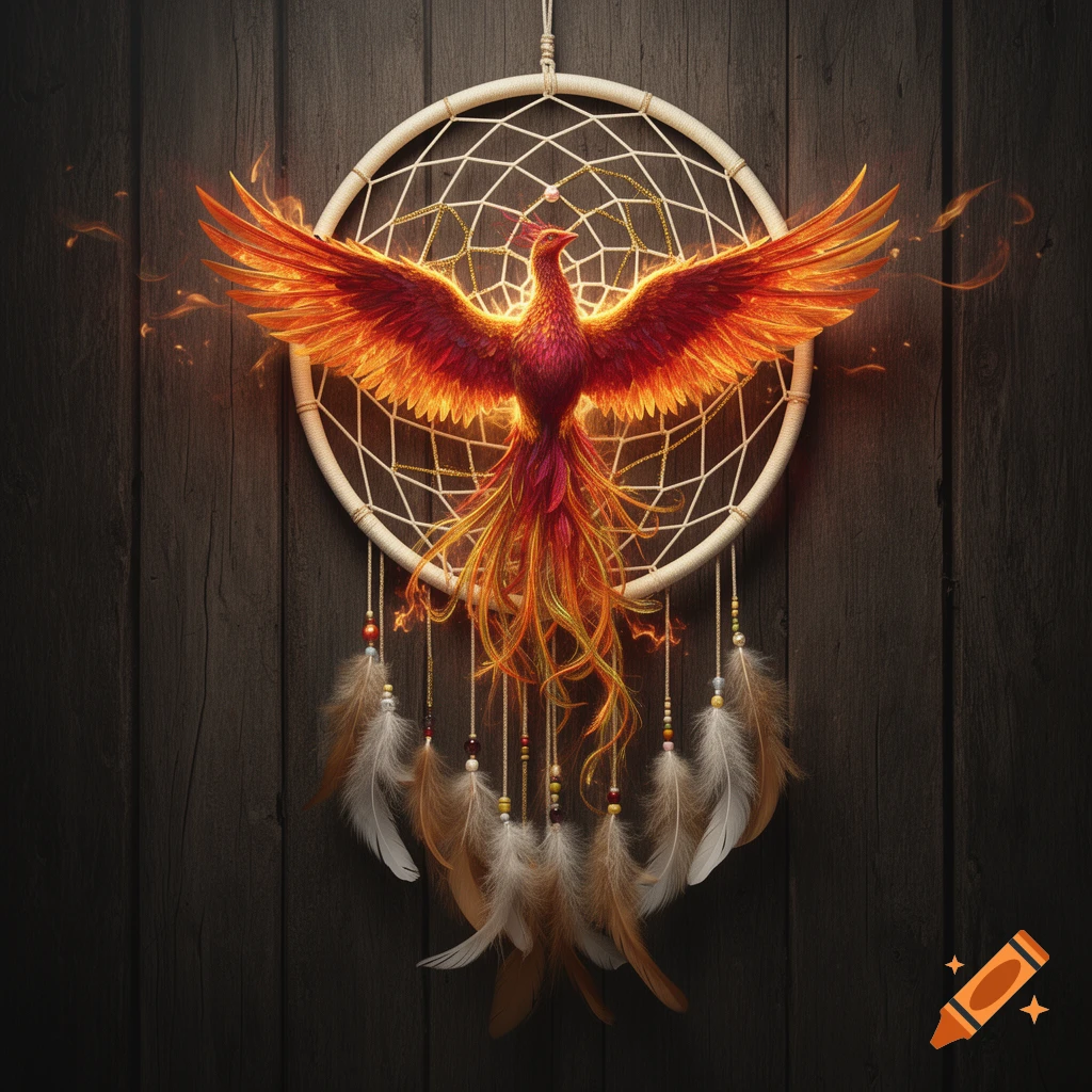 A fiery orange and red phoenix with outstretched wings in the center of a white dreamcatcher, set against dark wood.