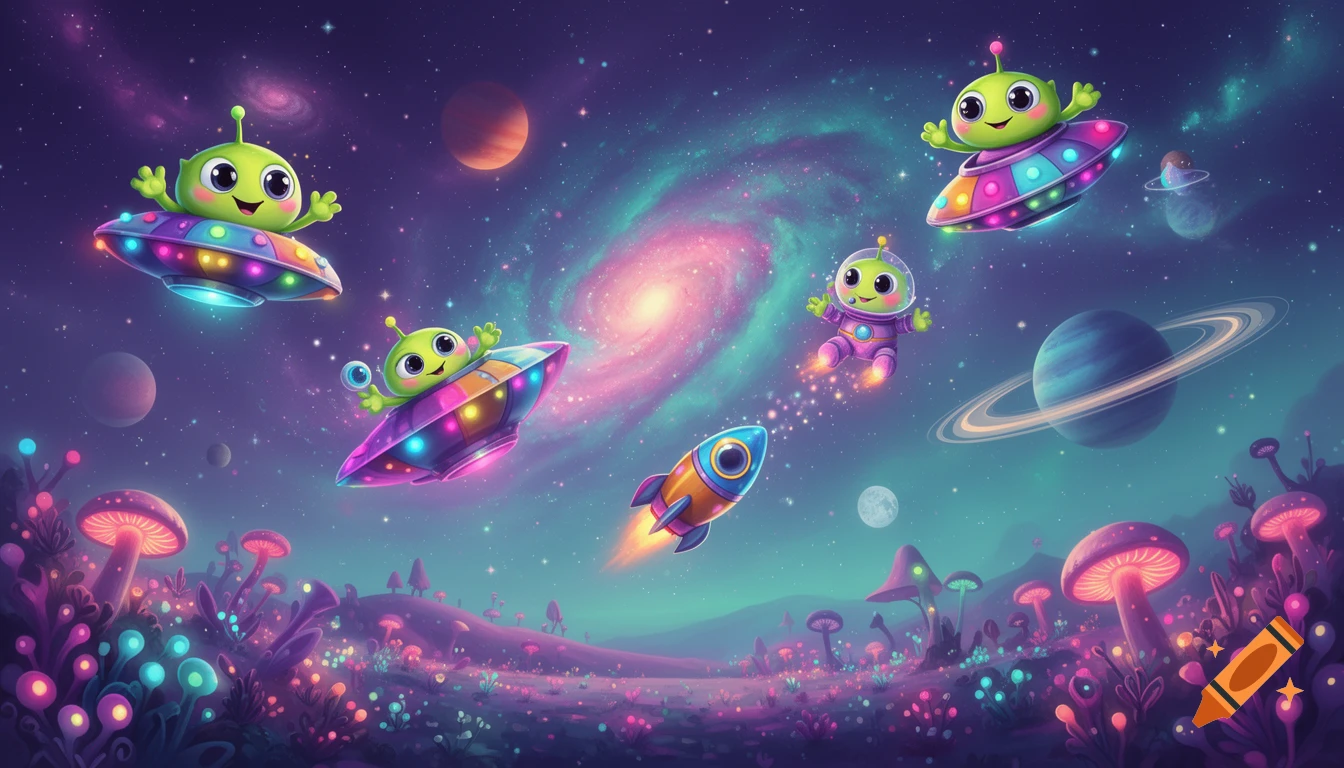 Cute green aliens wave from colorful UFOs and a rocket in a vibrant, dreamy cosmic landscape with glowing planets and fantastical mushrooms.