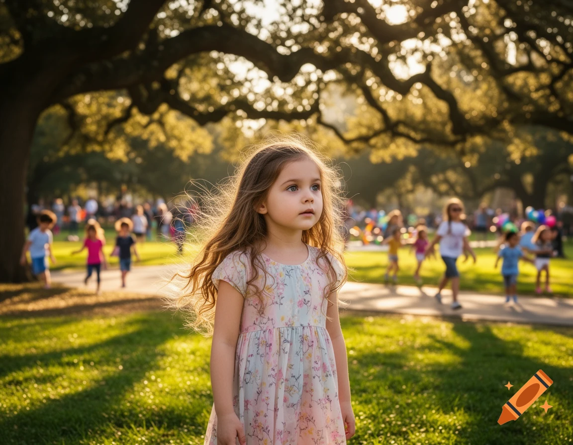 A young girl in a floral dress stands in a sunny park with other children and trees in the blurred background, photorealistic style.