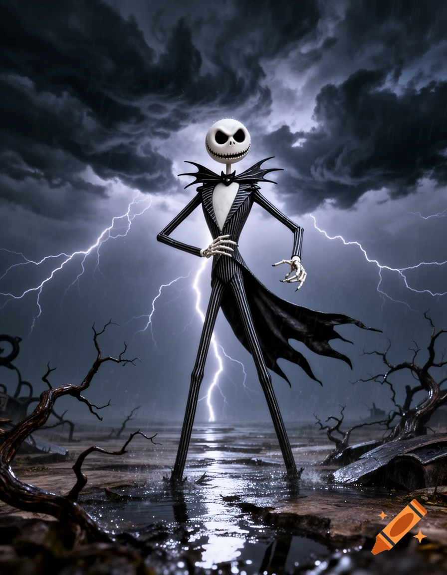 Jack Skellington stands in a shallow puddle during a lightning storm under a dark, cloudy sky.