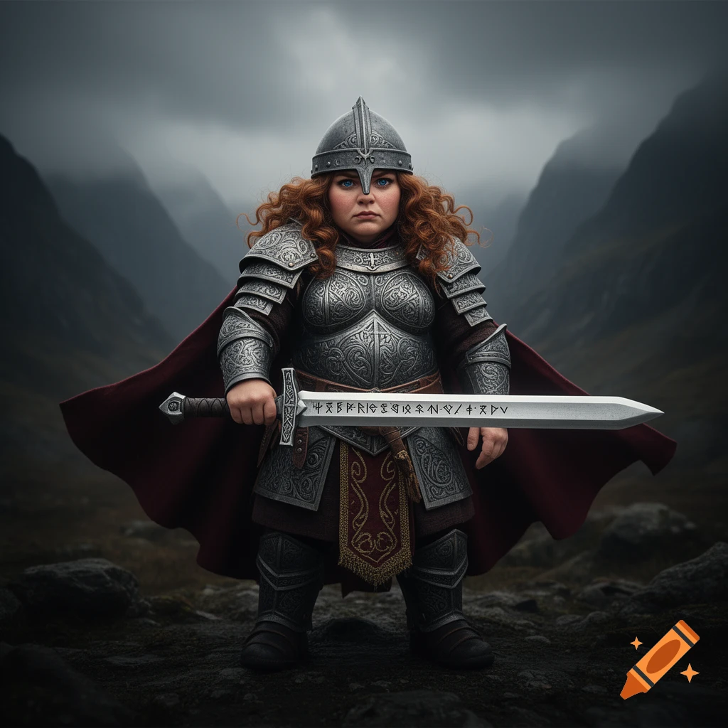 A female dwarf warrior with red curly hair, wearing ornate silver armor and a red cape, holds a long sword with runes, standing in a rocky mountain pass under a cloudy sky.