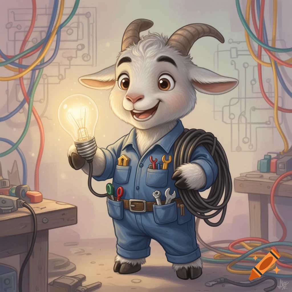 A cute cartoon goat wearing a blue electrician's uniform holds a glowing light bulb and a coil of wire in a messy workshop.