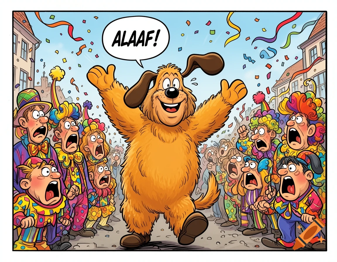 A joyful dog mascot waves, shouting 'ALAAF!' while surrounded by shocked costumed people at a comic-style carnival parade.