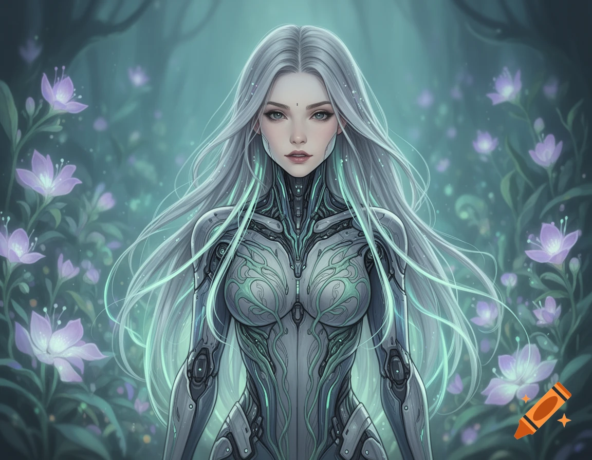 A fantasy illustration of a woman with long white hair in a glowing cybernetic suit amidst purple flowers in an ethereal forest.