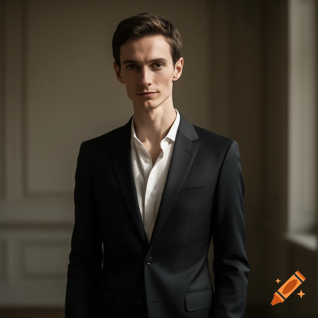 A photorealistic portrait of a young man with brown hair, wearing a black suit and white shirt, looking directly at the viewer.