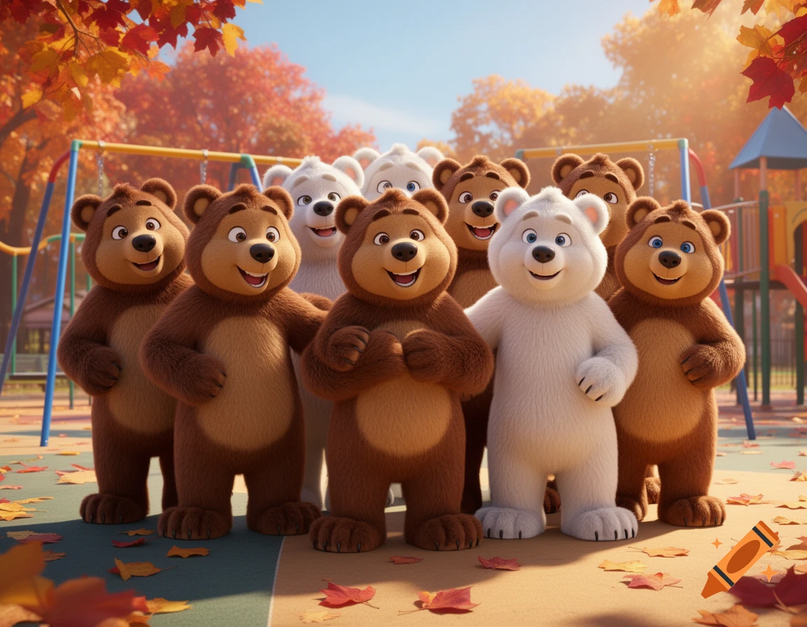 Group of smiling brown and white cartoon bears in a sunny autumn playground, 3D animation style.