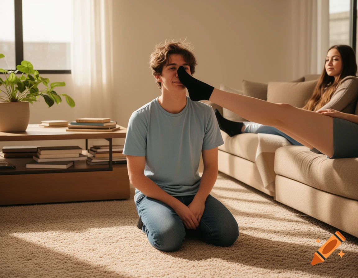 A smiling young man kneels on a beige rug while a woman on a couch gently presses her black sock-covered foot to his nose.