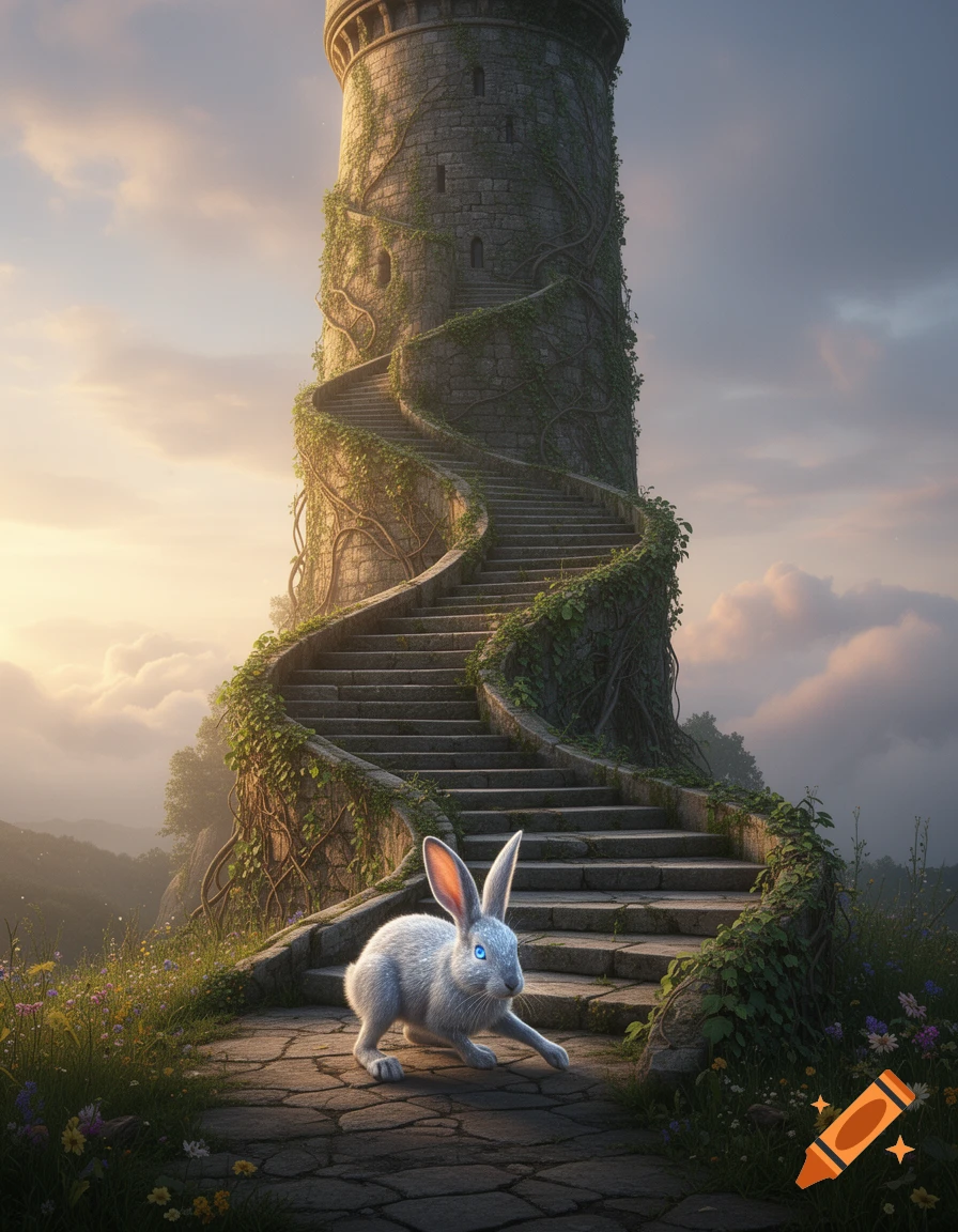 A white rabbit with glowing blue eyes stands on a stone path at the base of an ivy-covered spiral tower under a twilight sky.