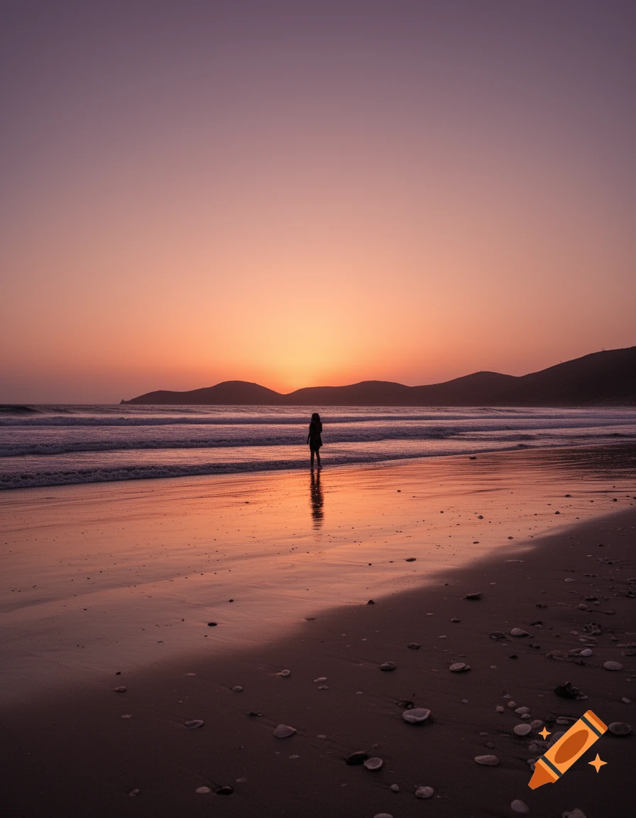 A lone figure stands in the ocean reflecting the vibrant purple and orange sunset over a mountainous beach with seashells.