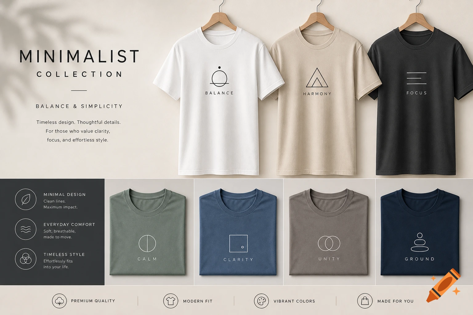 An array of minimalist t-shirts in various colors and designs, displayed alongside collection branding and product features.