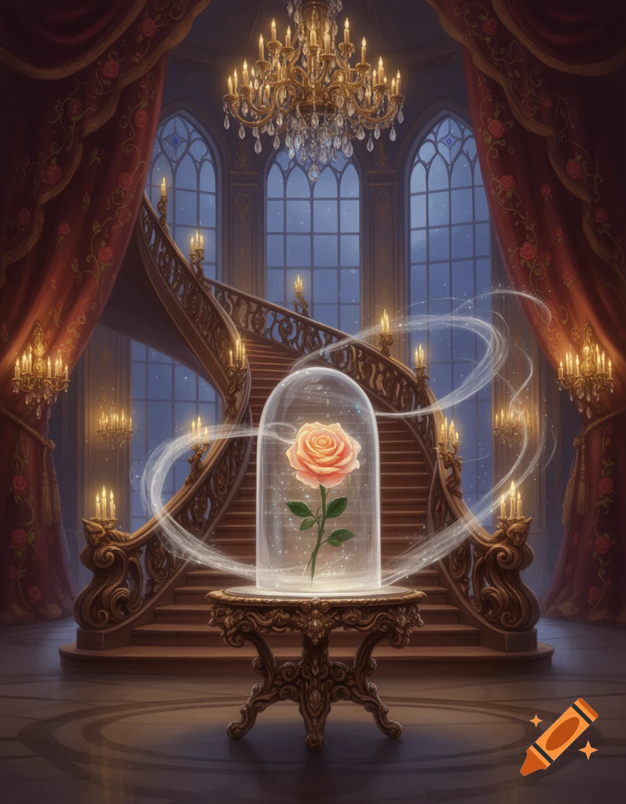 A glowing pink rose under a glass cloche on an ornate table in a grand castle ballroom with a winding staircase and chandeliers.