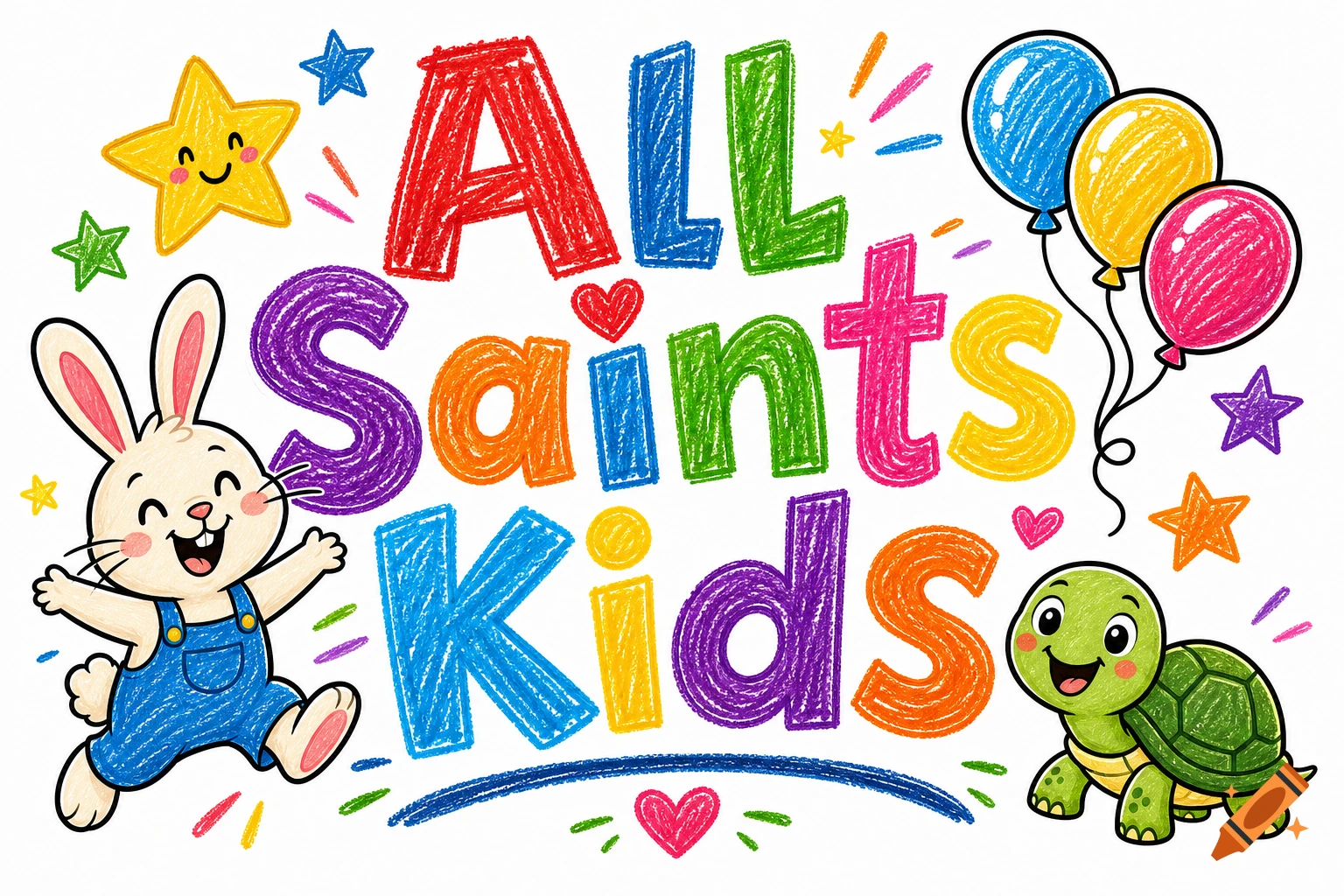 A colorful, crayon-style logo reading 'ALL Saints Kids' with a happy bunny, a smiling turtle, balloons, and stars.