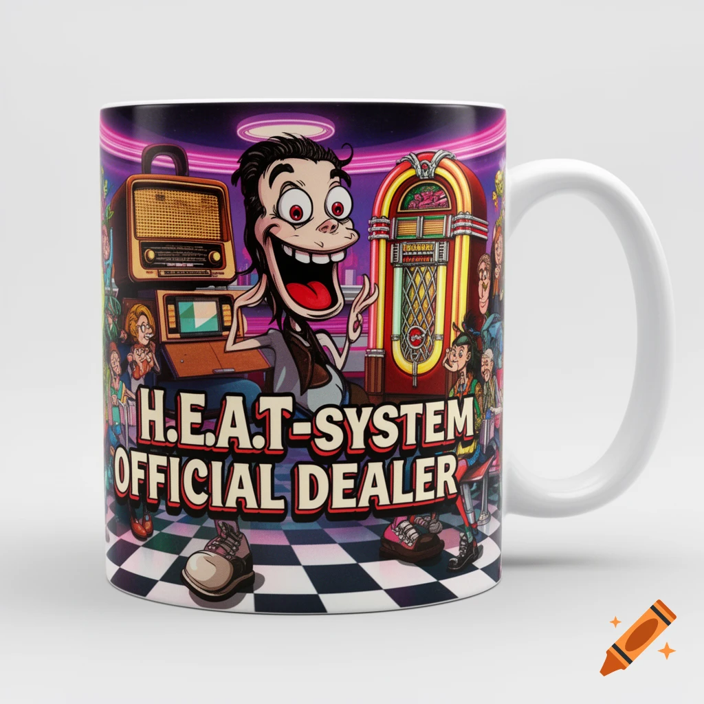 A colorful, retro-style cartoon illustration on a mug featuring an exaggerated character, a jukebox, a radio, and the text H.E.A.T-SYSTEM OFFICIAL DEALER.