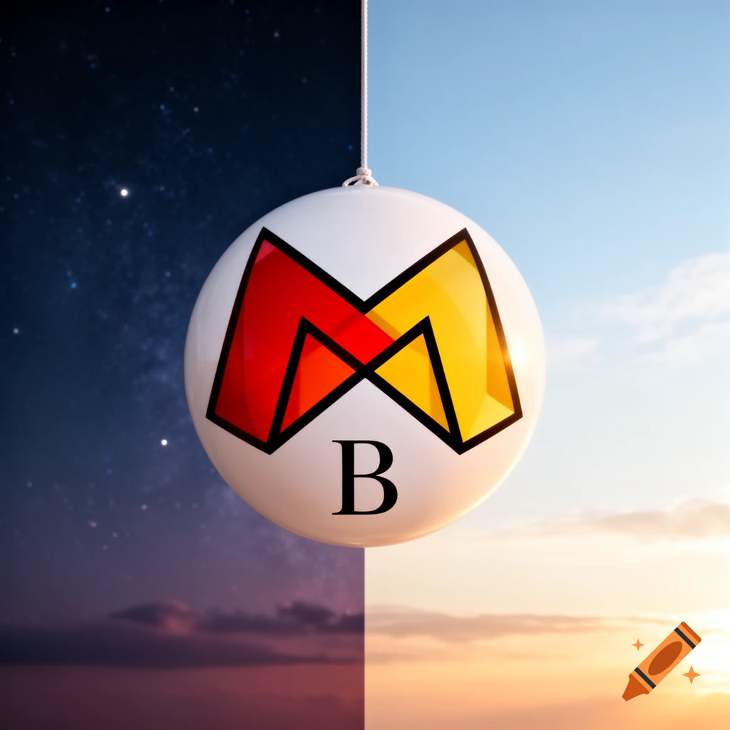 A white spherical ornament with a red and yellow 'M' logo above a black 'B' hangs against a split background of starry night and sunny daytime.