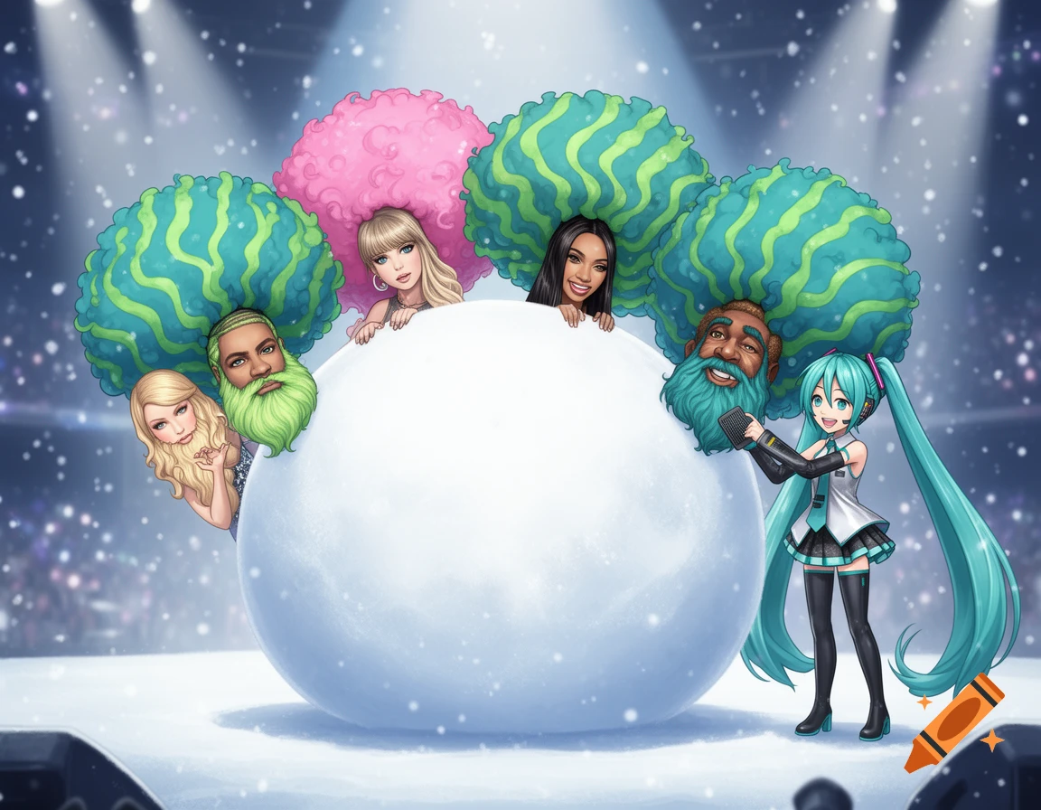 Hatsune Miku smiles next to a giant snowball with the heads of pop stars sticking out, adorned with massive, colorful afro hairstyles and beards in a snowy concert setting.