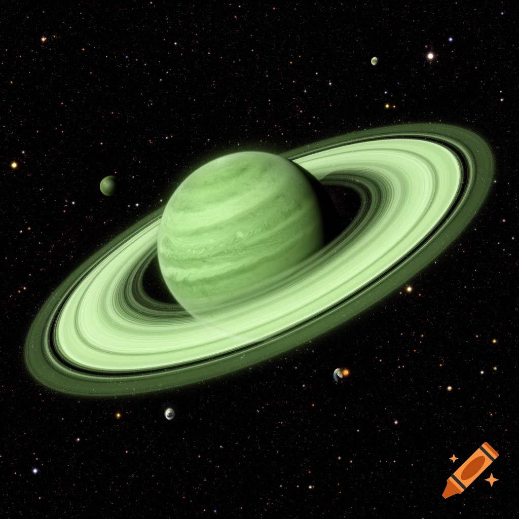 A vibrant green ringed planet resembling Saturn, set against a dark starry sky with several small moons.