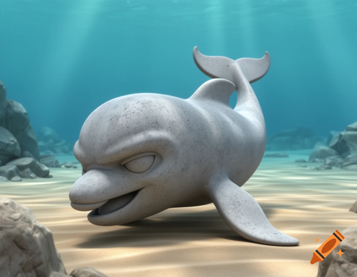 A gray stone dolphin statue with an aggressive expression lies on the sandy seabed, illuminated by light rays from above.