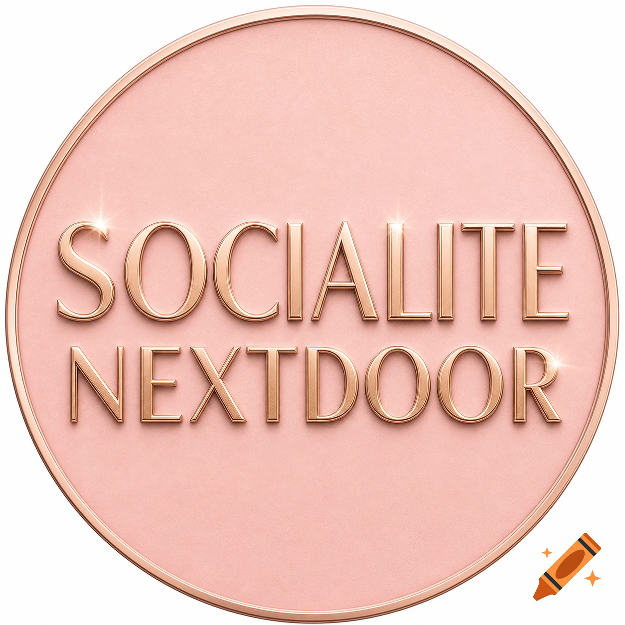 Circular blush pink emblem with shimmery embossed gold text 'SOCIALITE NEXTDOOR' in all caps.