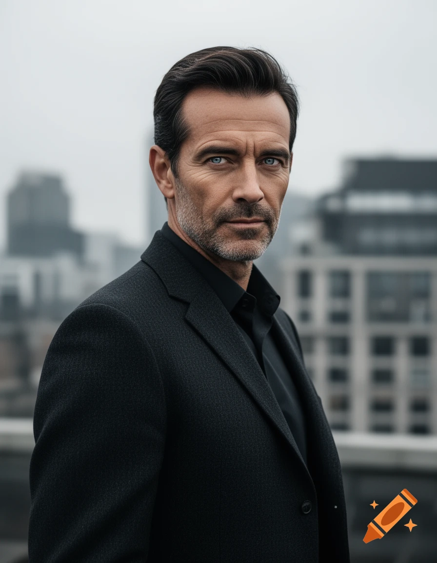 Photorealistic portrait of a distinguished middle-aged man in a black suit, with dark hair, blue-gray eyes, and a beard, on a city rooftop.