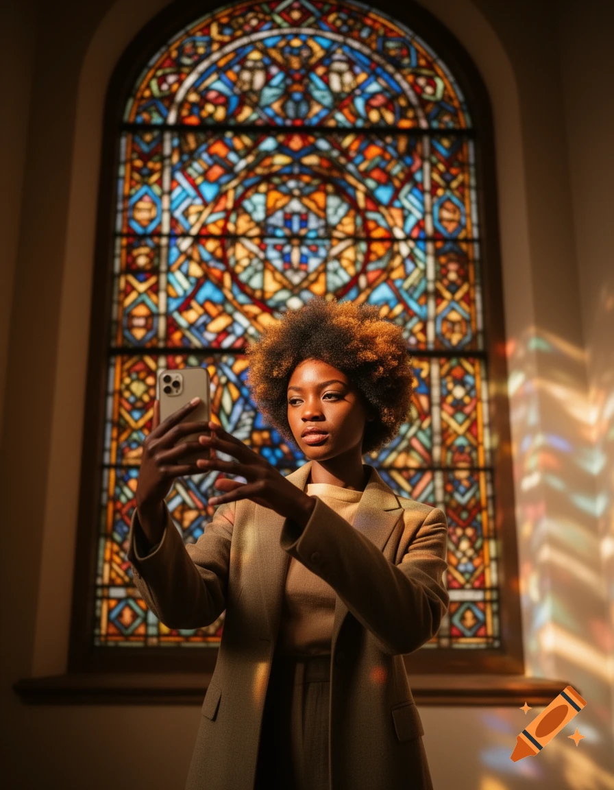 A Black woman with an afro takes a picture with her phone in front of a sunlit stained glass window.
