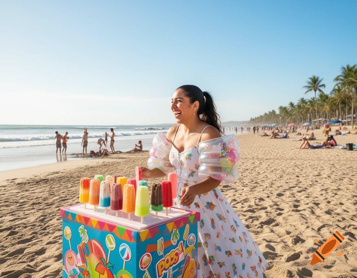 A laughing Latina woman with transparent arm floaties stands by a colorful popsicle stand on a sunny beach, with people and palm trees in the background.