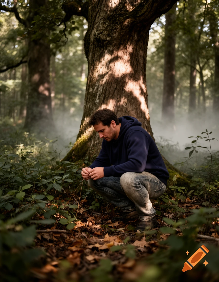 A man in a dark hoodie and jeans crouches in a misty forest, looking down at the fallen leaves and small plants.