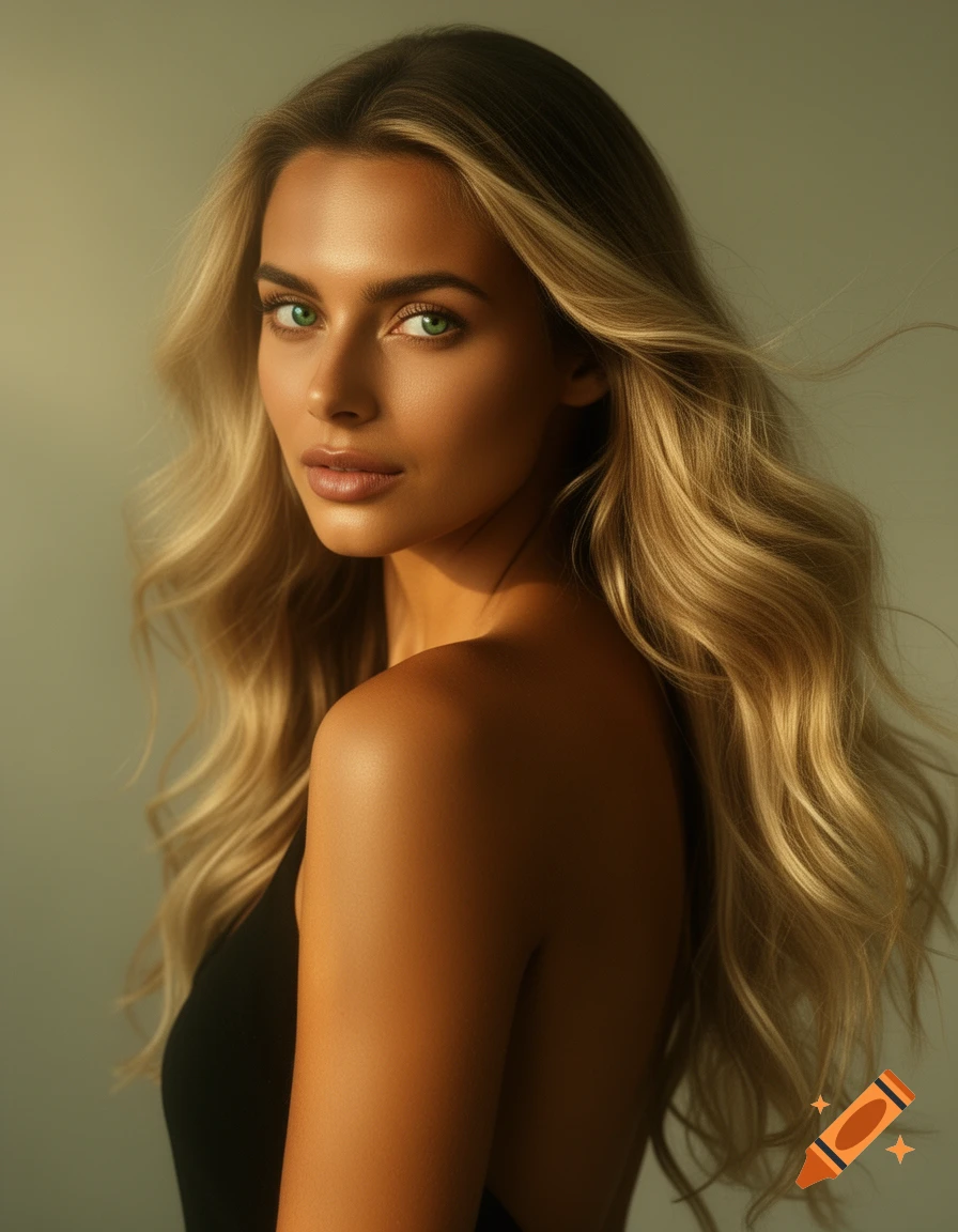 A photorealistic portrait of a woman with long wavy blonde hair and green eyes, looking over her shoulder.